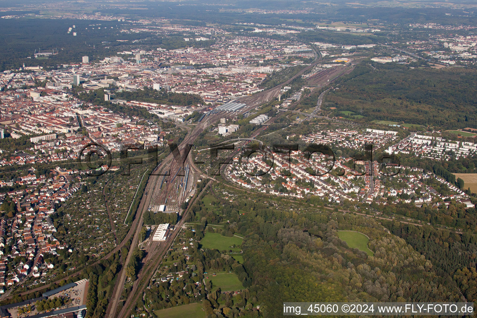 Aerial view of From the southwest in the district Beiertheim-Bulach in Karlsruhe in the state Baden-Wuerttemberg, Germany