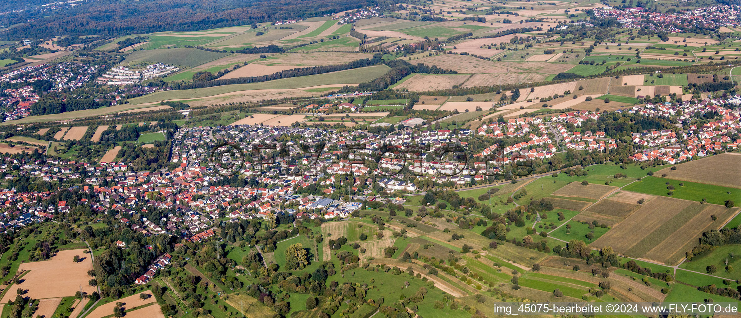 Panoramic perspective Town View of the streets and houses of the residential areas in the district Gruenwettersbach in Karlsruhe in the state Baden-Wurttemberg, Germany