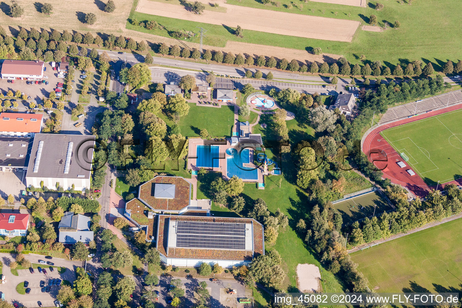 Aerial view of Swimming pool of the Waldbronn in Waldbronn in the state Baden-Wurttemberg, Germany