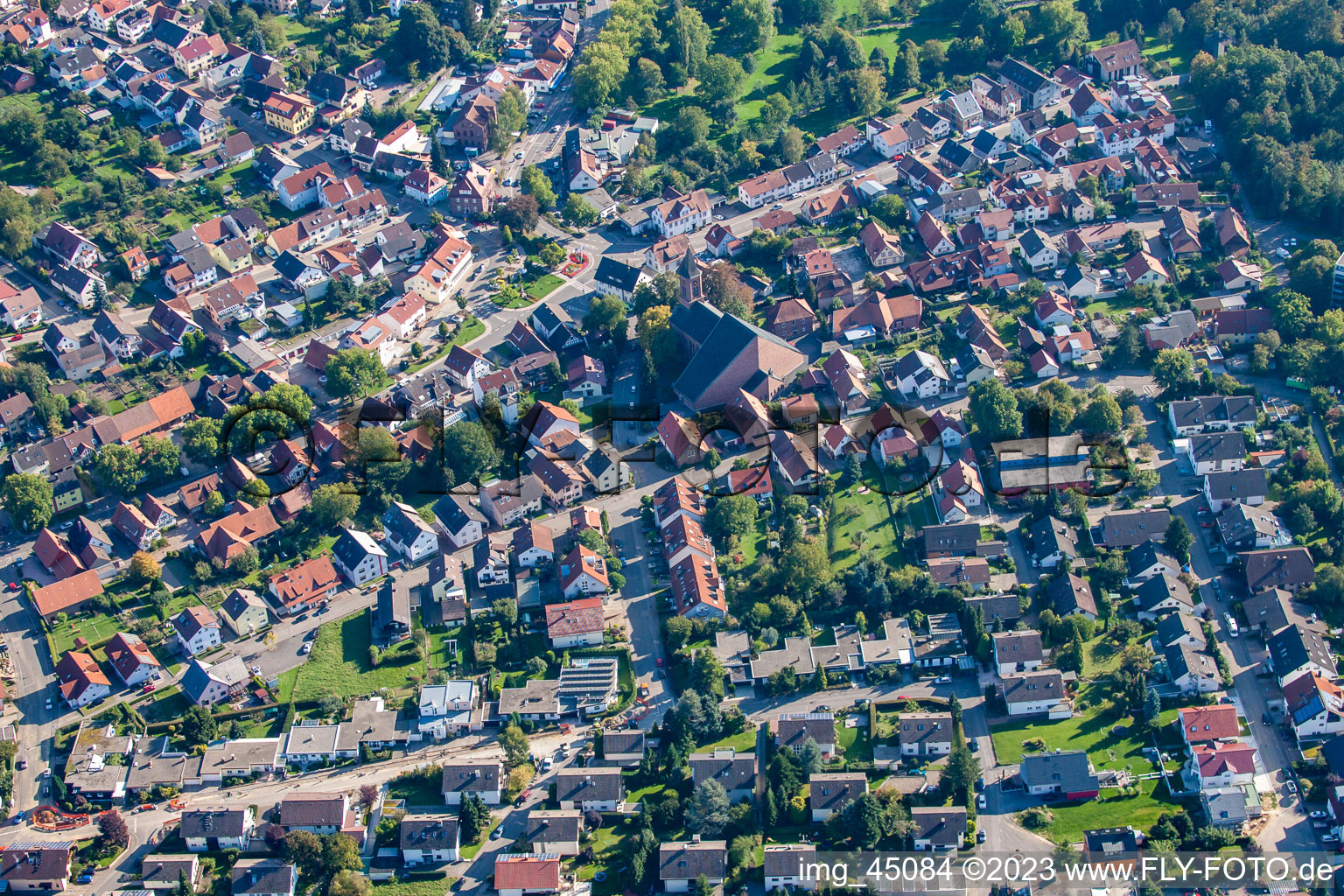 Aerial view of St. Catherine in the district Busenbach in Waldbronn in the state Baden-Wuerttemberg, Germany