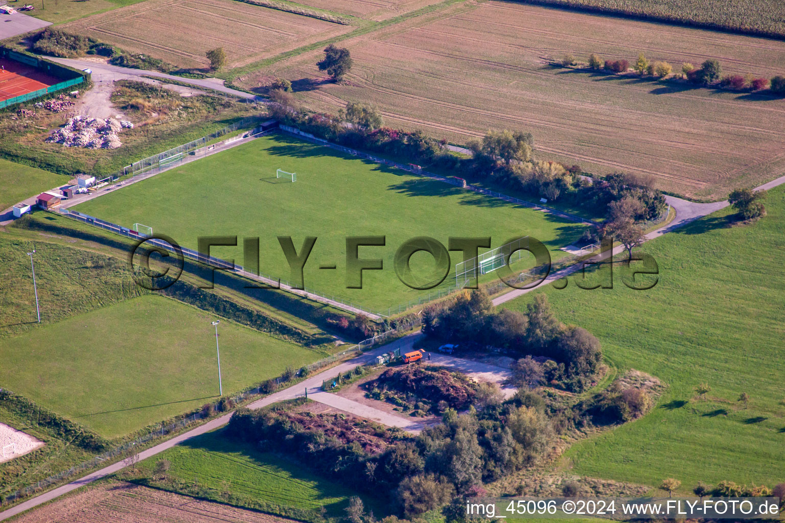 Aerial view of Sports grounds of SV-1899 eV Langensteinbach in the district Langensteinbach in Karlsbad in the state Baden-Wuerttemberg, Germany