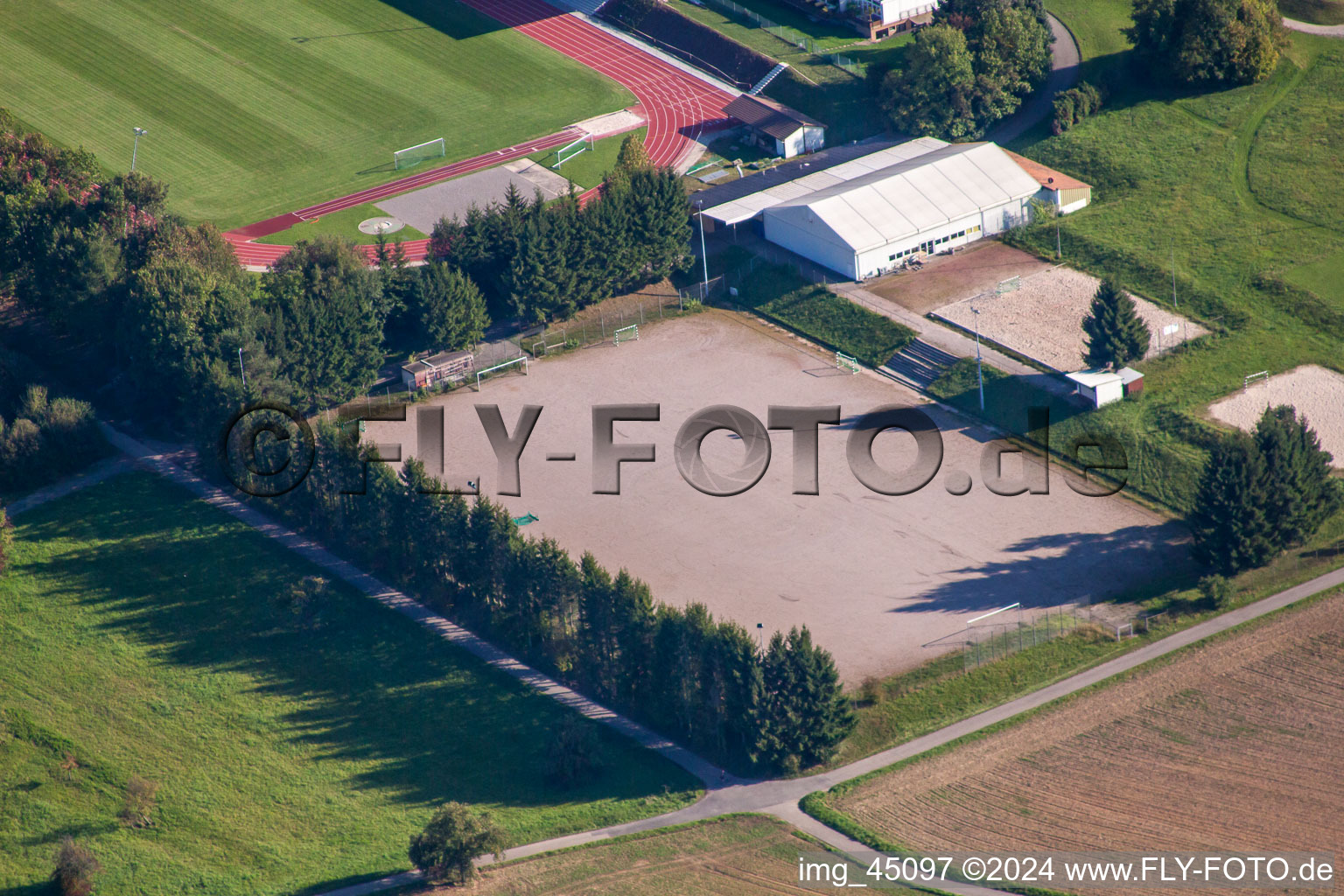 Aerial photograpy of Sports grounds of SV-1899 eV Langensteinbach in the district Langensteinbach in Karlsbad in the state Baden-Wuerttemberg, Germany