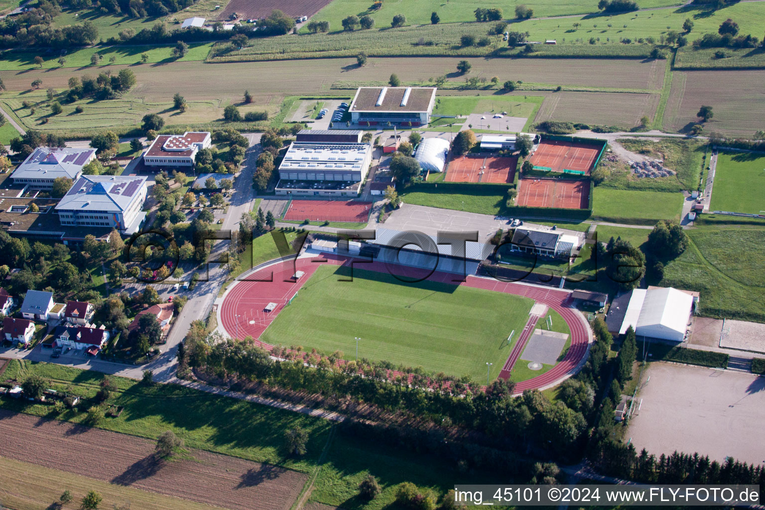 Aerial view of Ensemble of sports grounds of the schools in Karlsbad in the state Baden-Wurttemberg