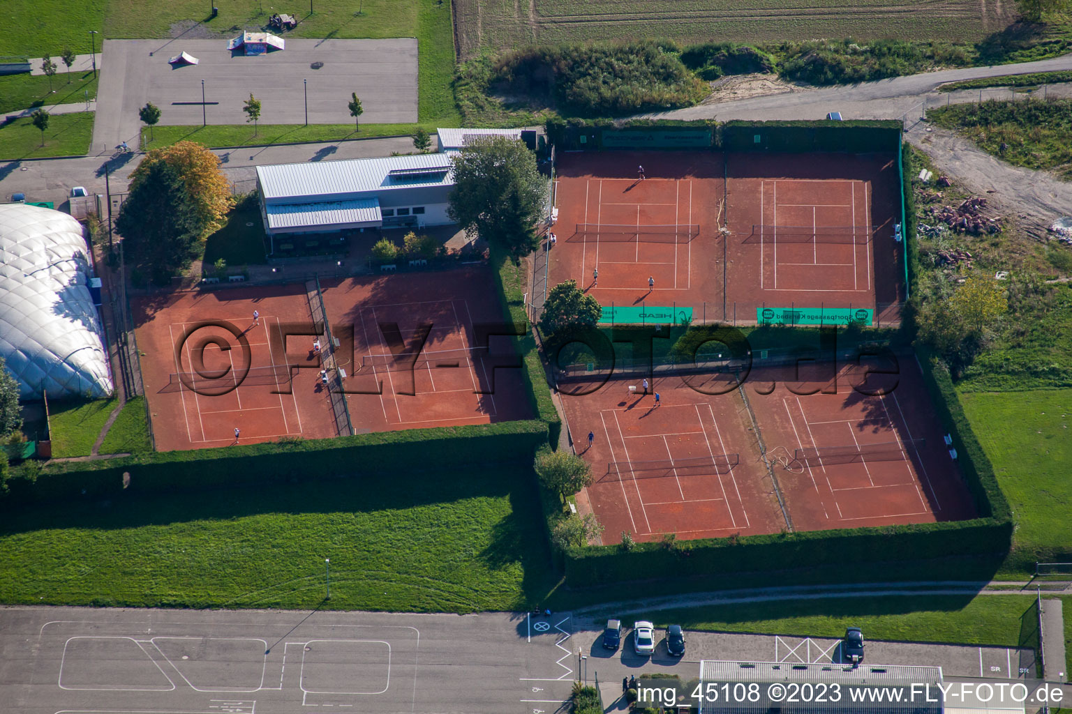 Oblique view of Sports grounds of SV-1899 eV Langensteinbach in the district Langensteinbach in Karlsbad in the state Baden-Wuerttemberg, Germany