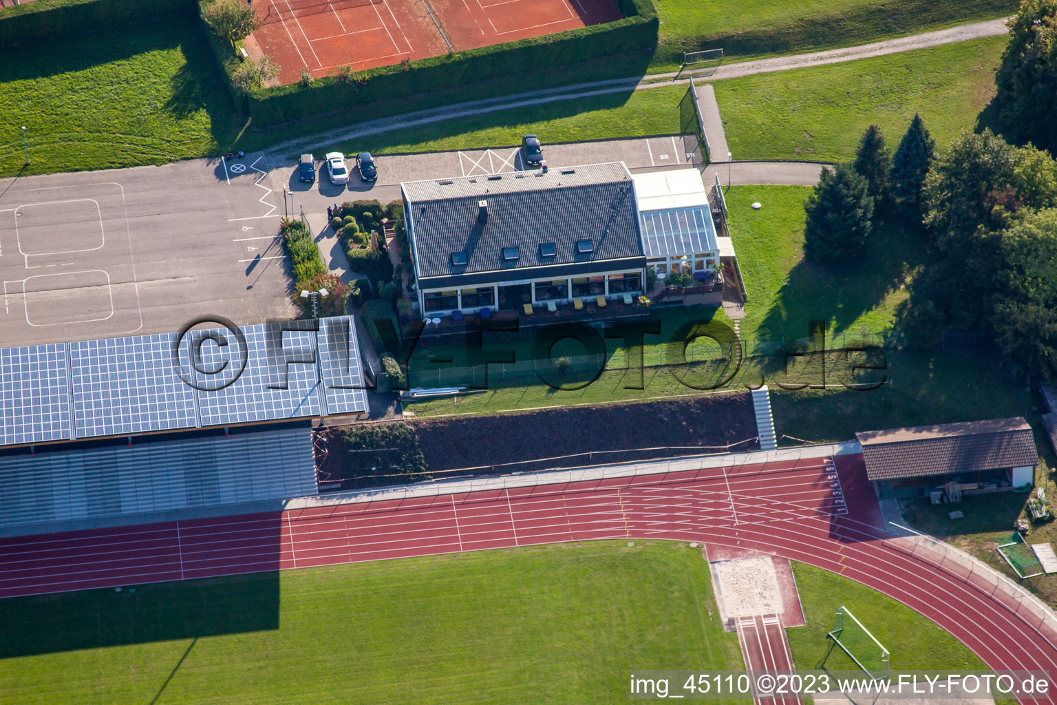 Sports grounds of SV-1899 eV Langensteinbach in the district Langensteinbach in Karlsbad in the state Baden-Wuerttemberg, Germany from above