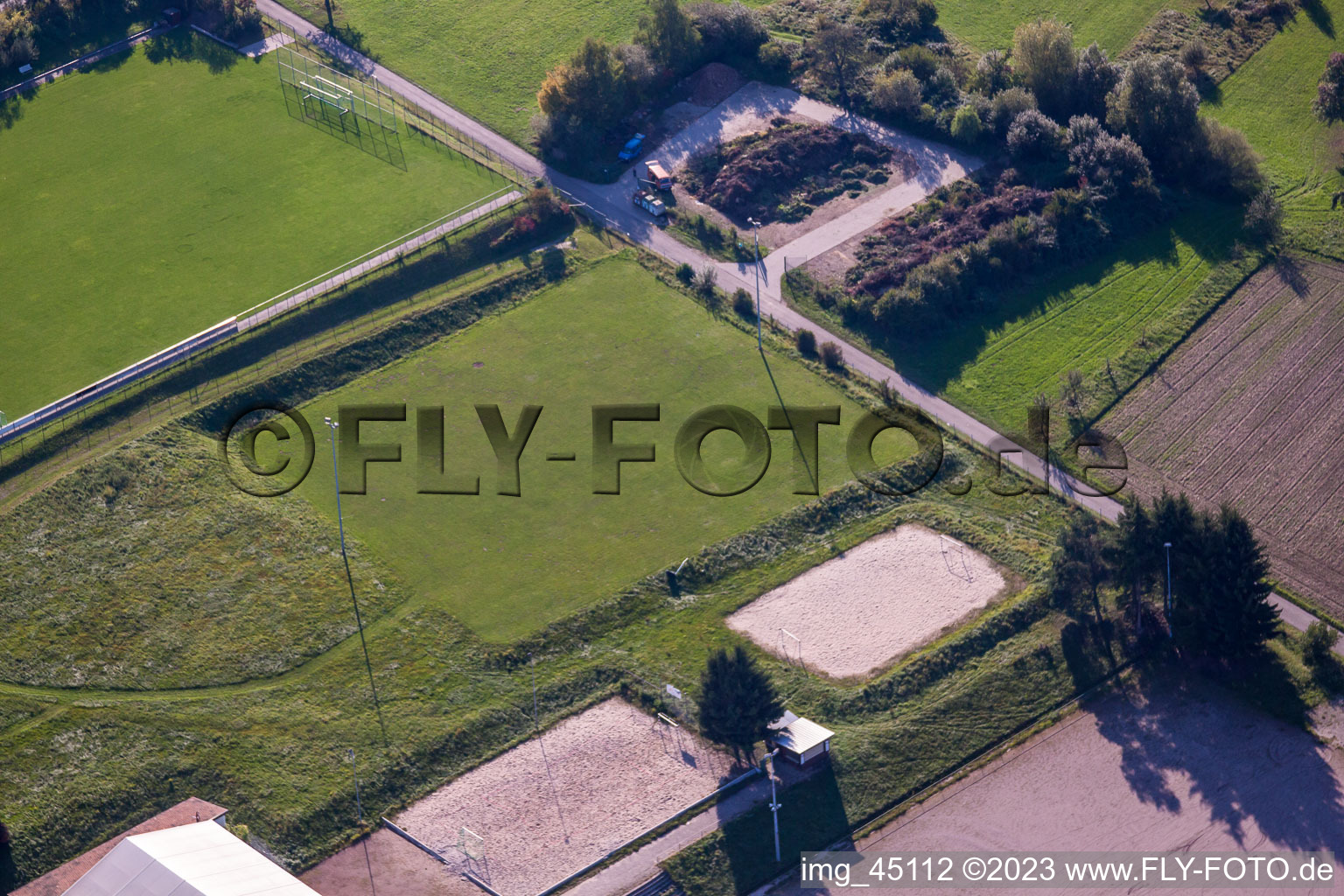Sports grounds of SV-1899 eV Langensteinbach in the district Langensteinbach in Karlsbad in the state Baden-Wuerttemberg, Germany seen from above