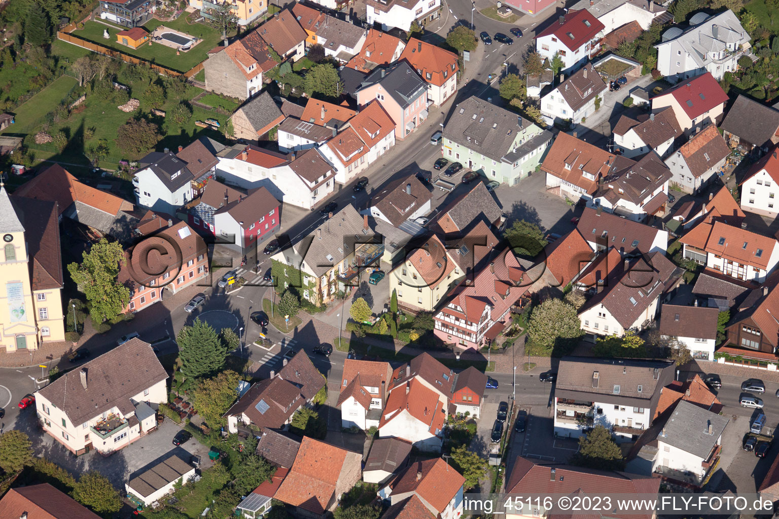Aerial view of Hauptstr in the district Langensteinbach in Karlsbad in the state Baden-Wuerttemberg, Germany
