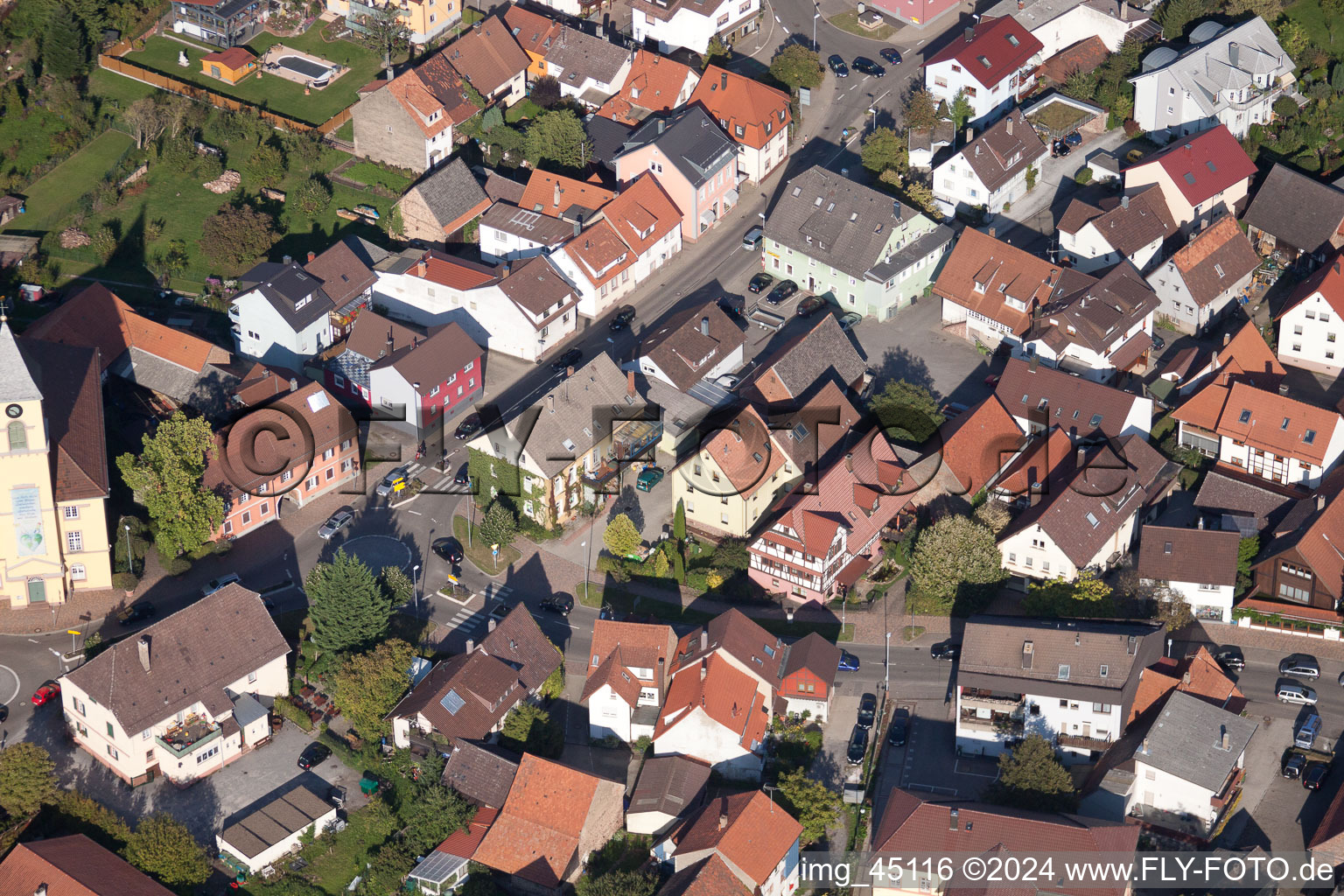 Aerial view of Main Street in the district Langensteinbach in Karlsbad in the state Baden-Wuerttemberg, Germany