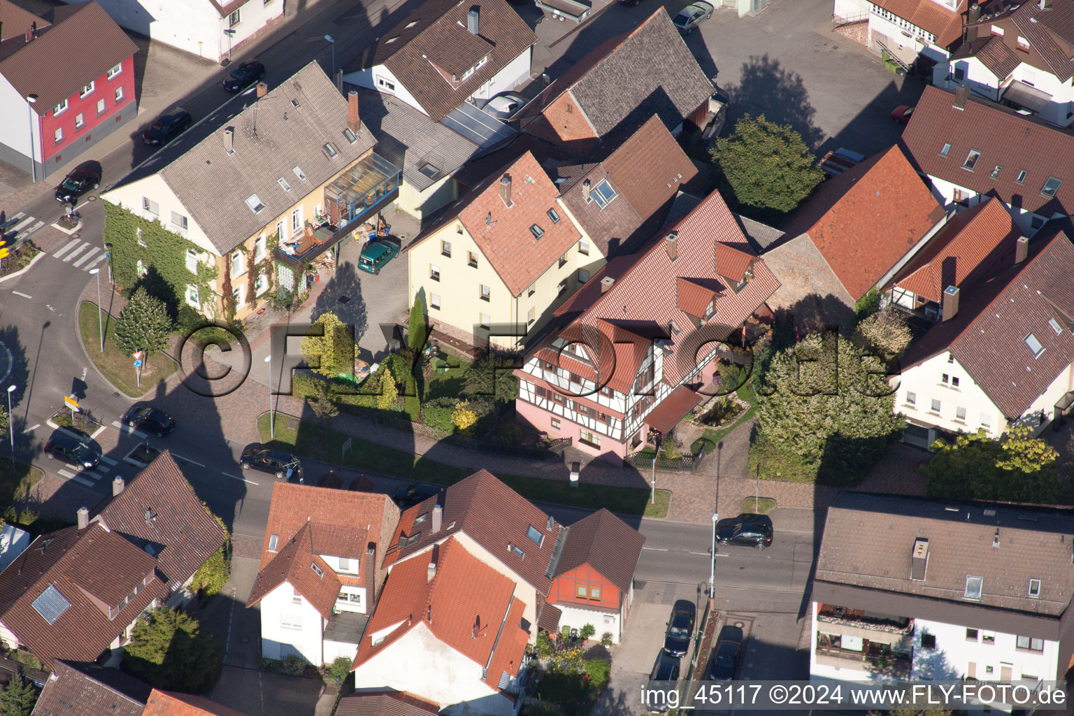 Aerial photograpy of Main Street in the district Langensteinbach in Karlsbad in the state Baden-Wuerttemberg, Germany