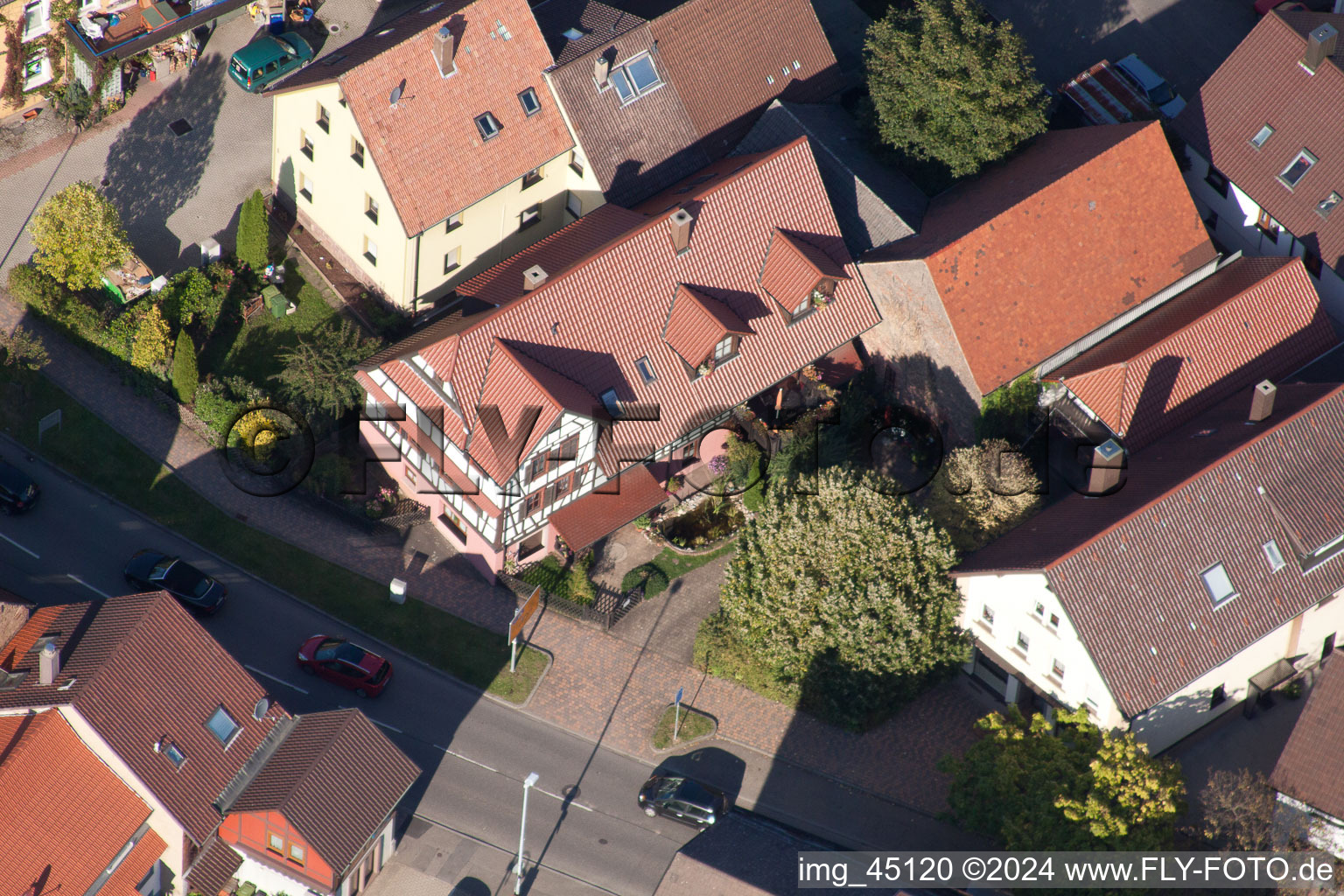 Oblique view of Main Street in the district Langensteinbach in Karlsbad in the state Baden-Wuerttemberg, Germany