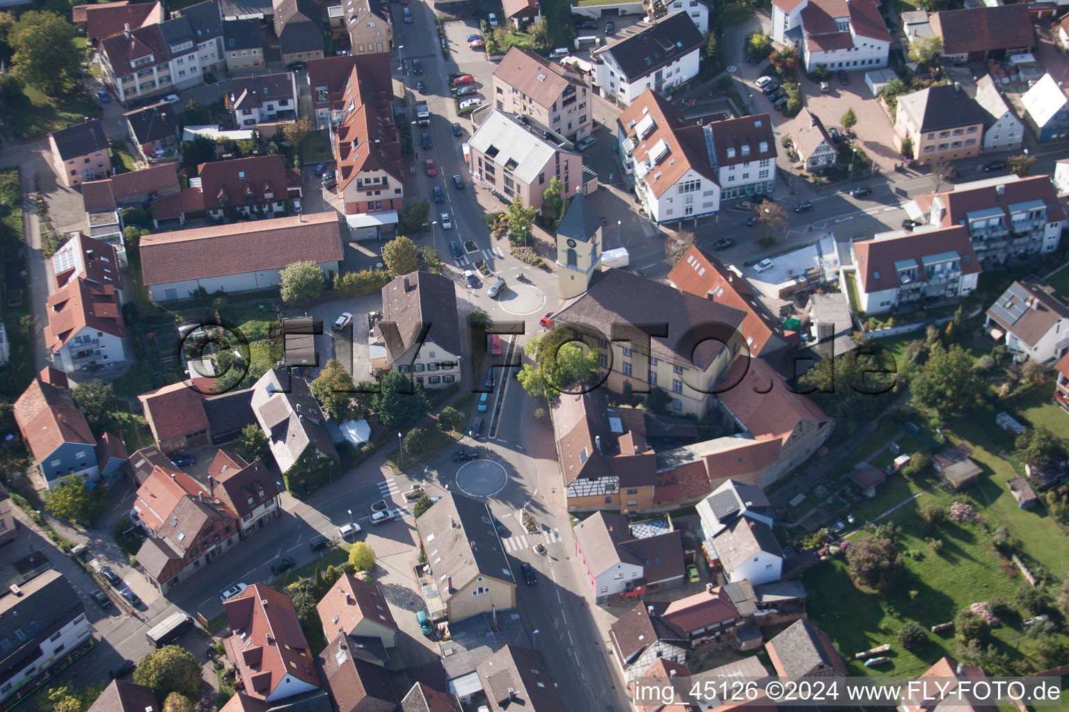 Main Street in the district Langensteinbach in Karlsbad in the state Baden-Wuerttemberg, Germany out of the air