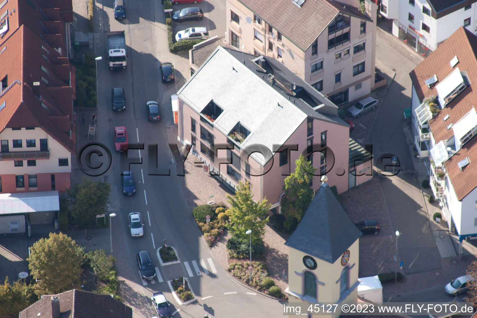 Aerial view of Central Pharmacy in the district Langensteinbach in Karlsbad in the state Baden-Wuerttemberg, Germany
