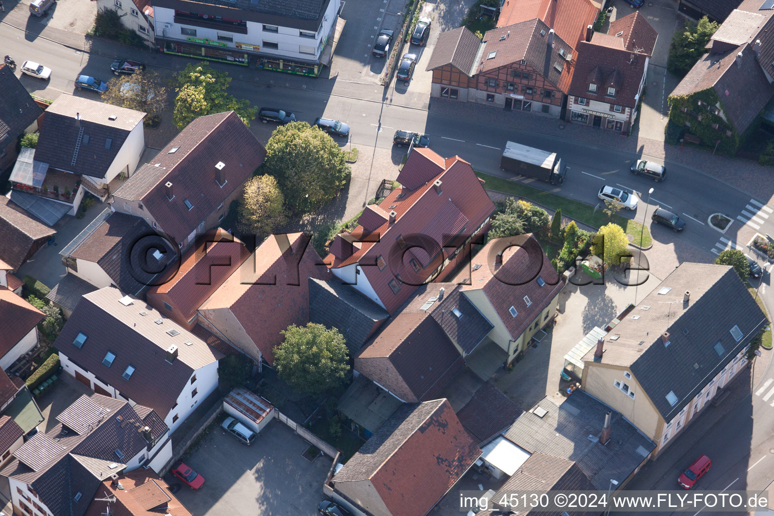 Main Street in the district Langensteinbach in Karlsbad in the state Baden-Wuerttemberg, Germany seen from above