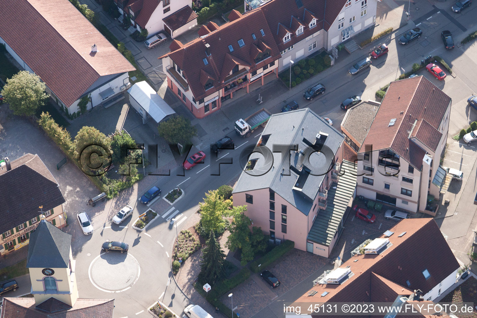 Oblique view of Central Pharmacy in the district Langensteinbach in Karlsbad in the state Baden-Wuerttemberg, Germany