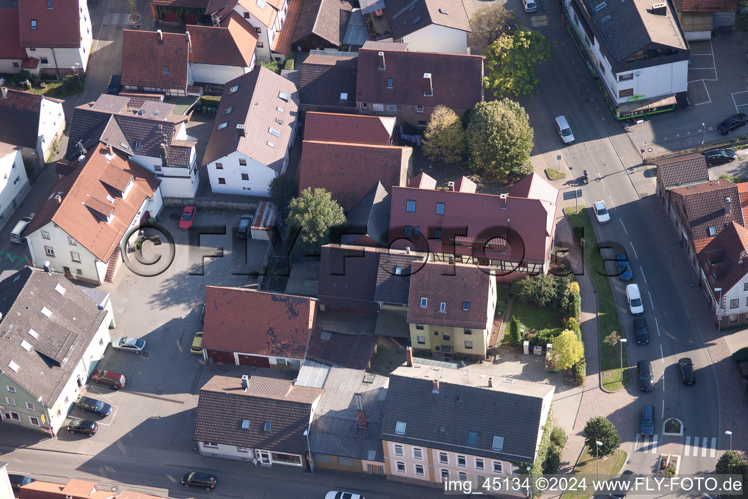 Main Street in the district Langensteinbach in Karlsbad in the state Baden-Wuerttemberg, Germany from the plane