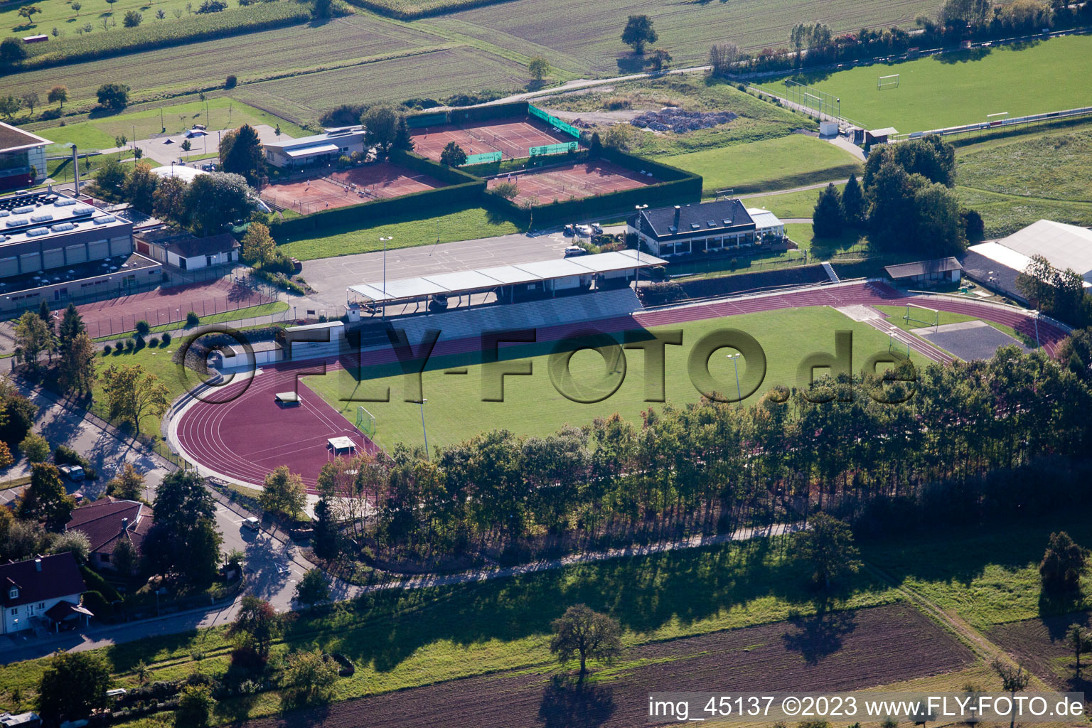 Aerial view of SV-Langensteinbach sports grounds in the district Langensteinbach in Karlsbad in the state Baden-Wuerttemberg, Germany