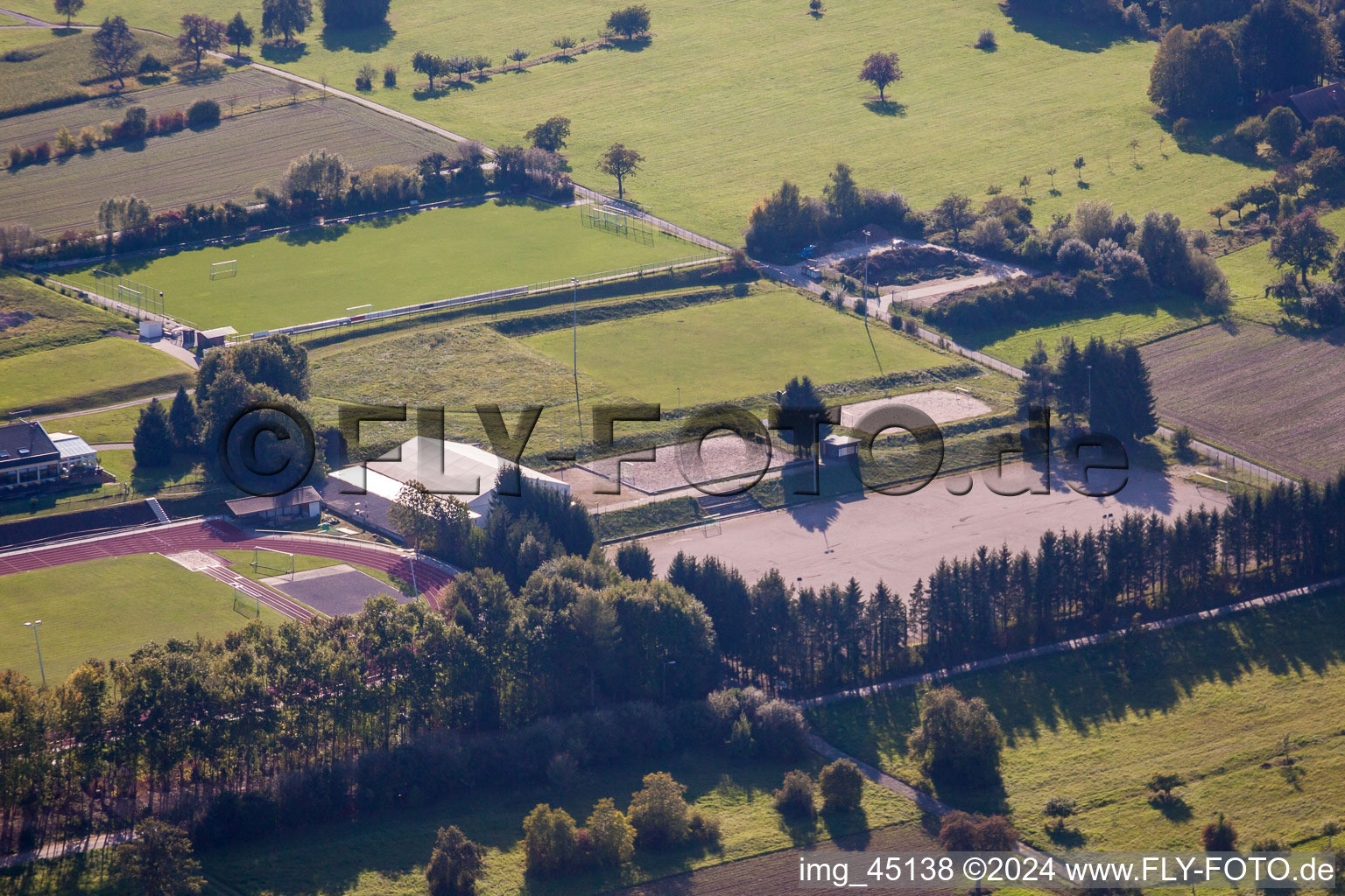 Sports grounds of SV-1899 eV Langensteinbach in the district Langensteinbach in Karlsbad in the state Baden-Wuerttemberg, Germany from the plane