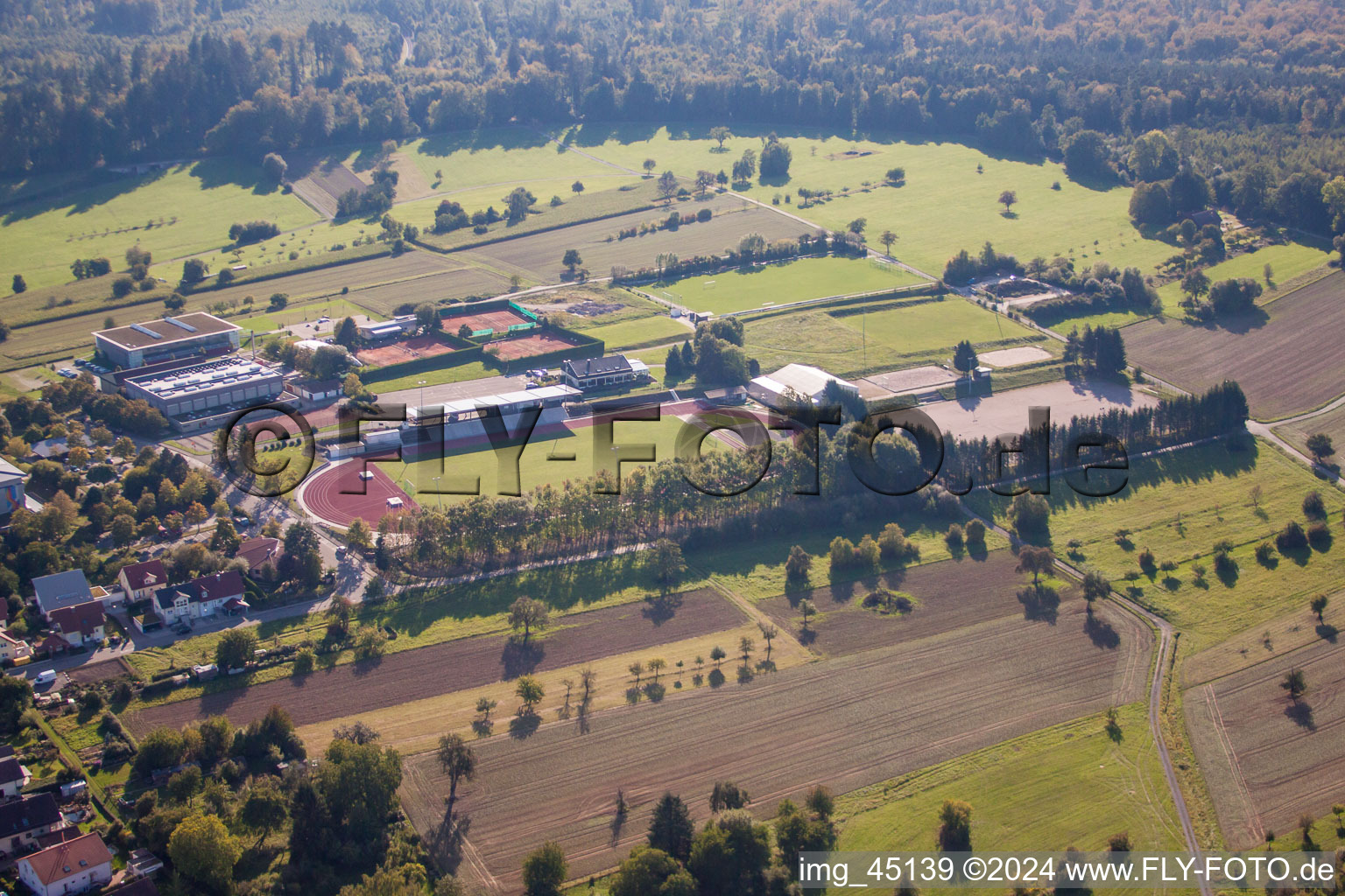 Bird's eye view of Sports grounds of SV-1899 eV Langensteinbach in the district Langensteinbach in Karlsbad in the state Baden-Wuerttemberg, Germany