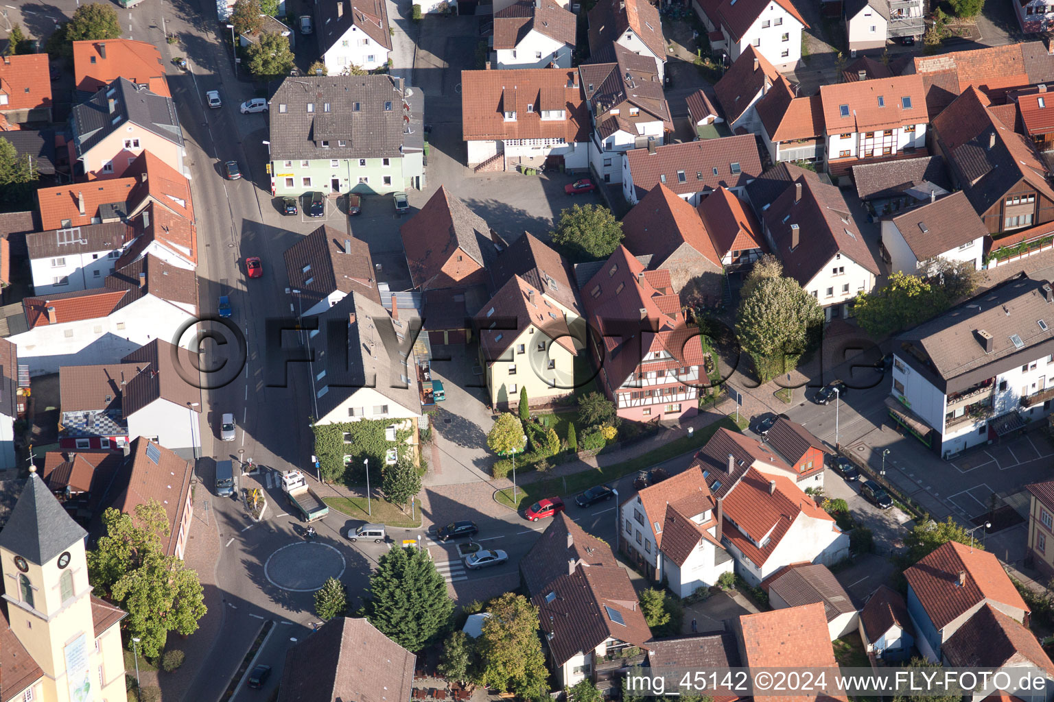 Bird's eye view of Main Street in the district Langensteinbach in Karlsbad in the state Baden-Wuerttemberg, Germany