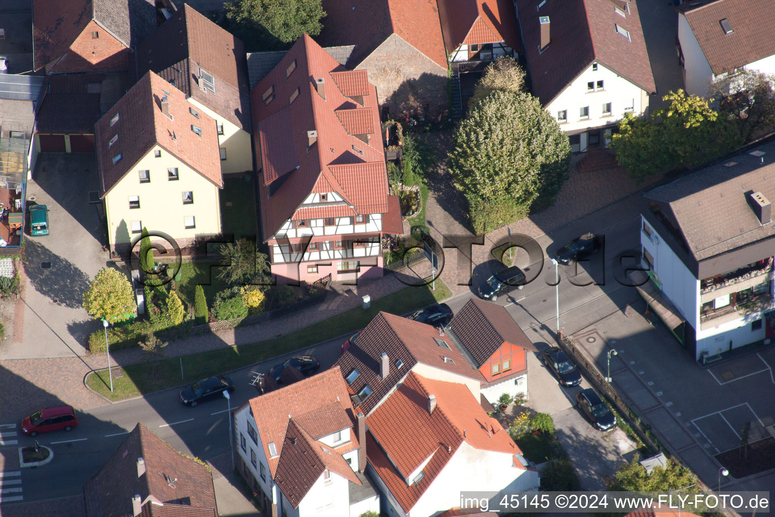 Main Street in the district Langensteinbach in Karlsbad in the state Baden-Wuerttemberg, Germany viewn from the air