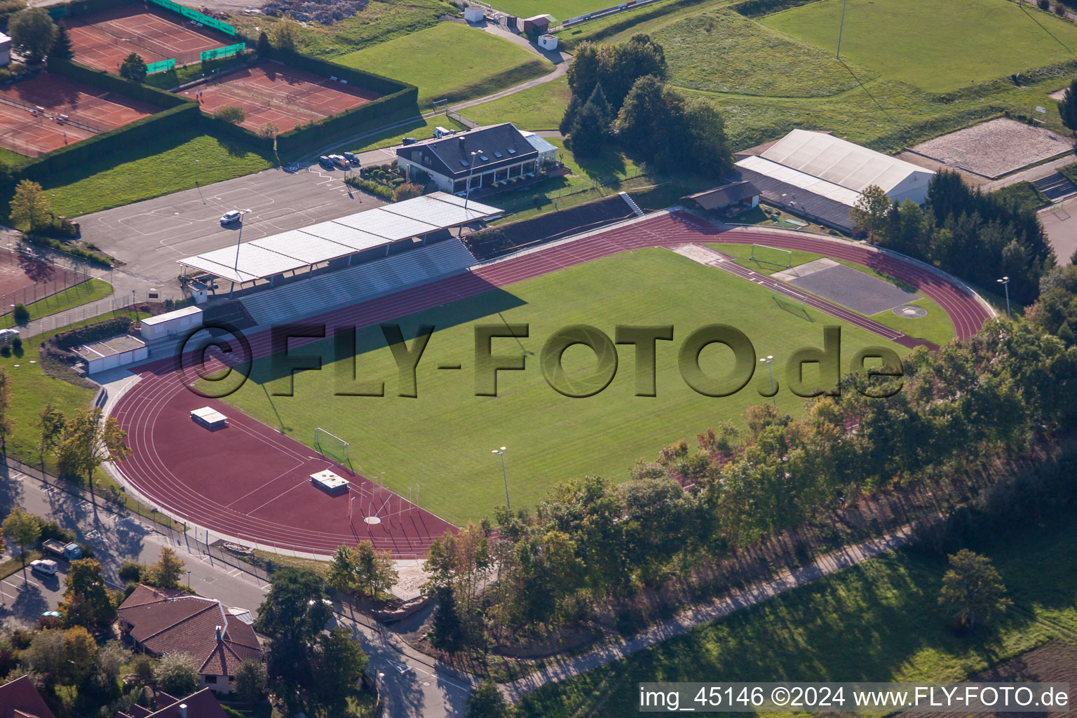 Sports grounds of SV-1899 eV Langensteinbach in the district Langensteinbach in Karlsbad in the state Baden-Wuerttemberg, Germany viewn from the air