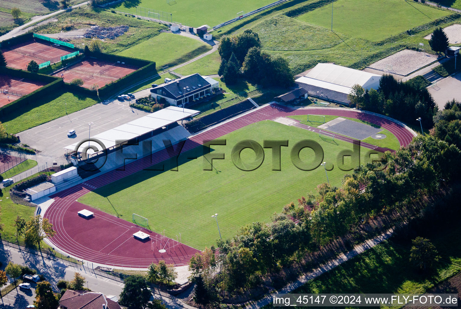 Aerial photograpy of Ensemble of sports grounds of the schools in Karlsbad in the state Baden-Wurttemberg