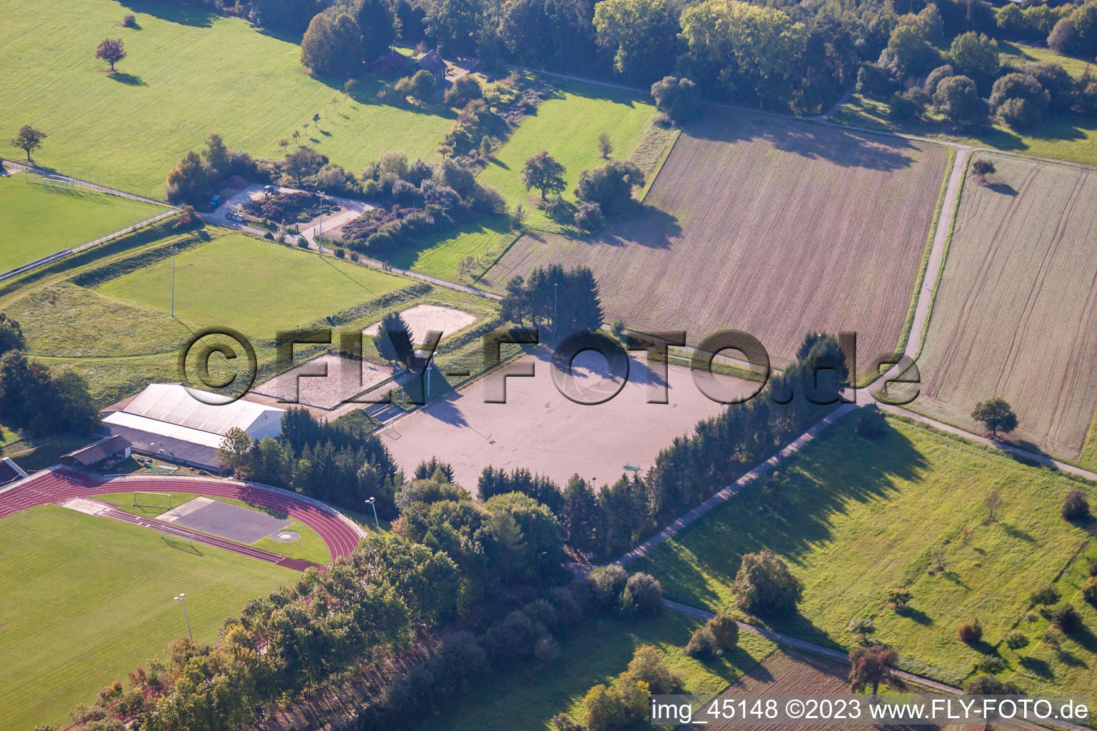 Drone recording of Sports grounds of SV-1899 eV Langensteinbach in the district Langensteinbach in Karlsbad in the state Baden-Wuerttemberg, Germany