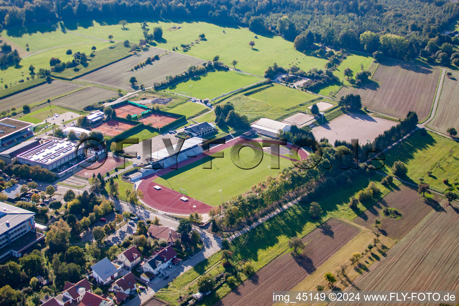 Drone image of Sports grounds of SV-1899 eV Langensteinbach in the district Langensteinbach in Karlsbad in the state Baden-Wuerttemberg, Germany