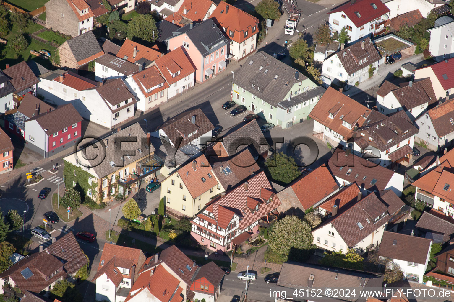 Drone recording of Main Street in the district Langensteinbach in Karlsbad in the state Baden-Wuerttemberg, Germany