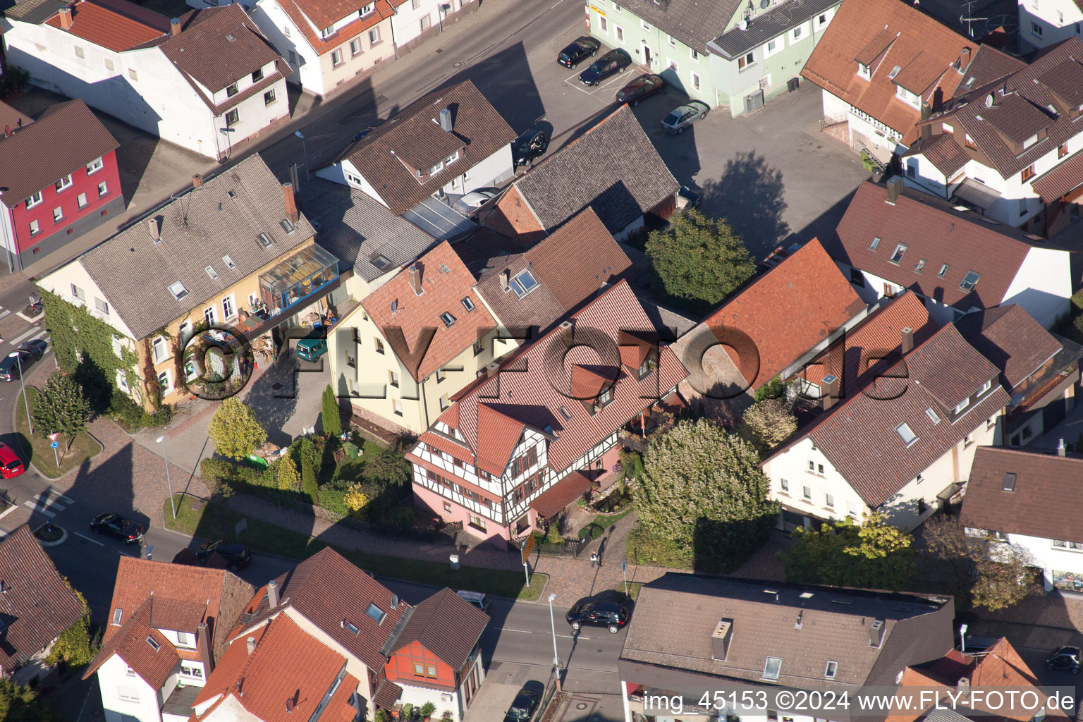 Drone image of Main Street in the district Langensteinbach in Karlsbad in the state Baden-Wuerttemberg, Germany