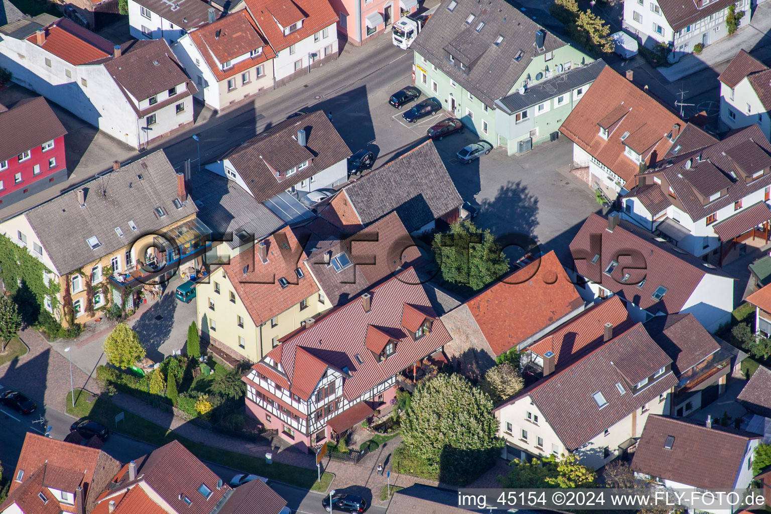 Aerial view of Main Street in the district Langensteinbach in Karlsbad in the state Baden-Wuerttemberg, Germany