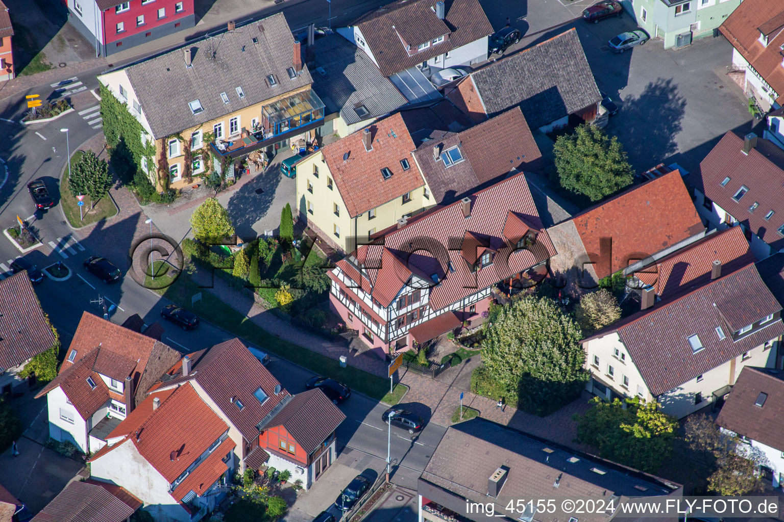 Aerial photograpy of Main Street in the district Langensteinbach in Karlsbad in the state Baden-Wuerttemberg, Germany