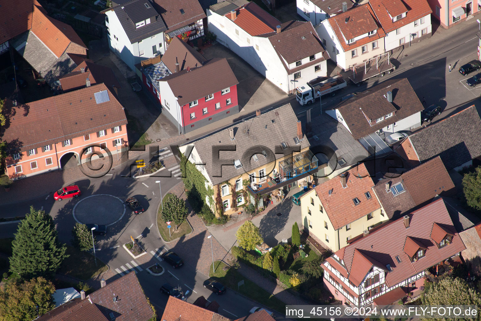 Main Street in the district Langensteinbach in Karlsbad in the state Baden-Wuerttemberg, Germany from the drone perspective