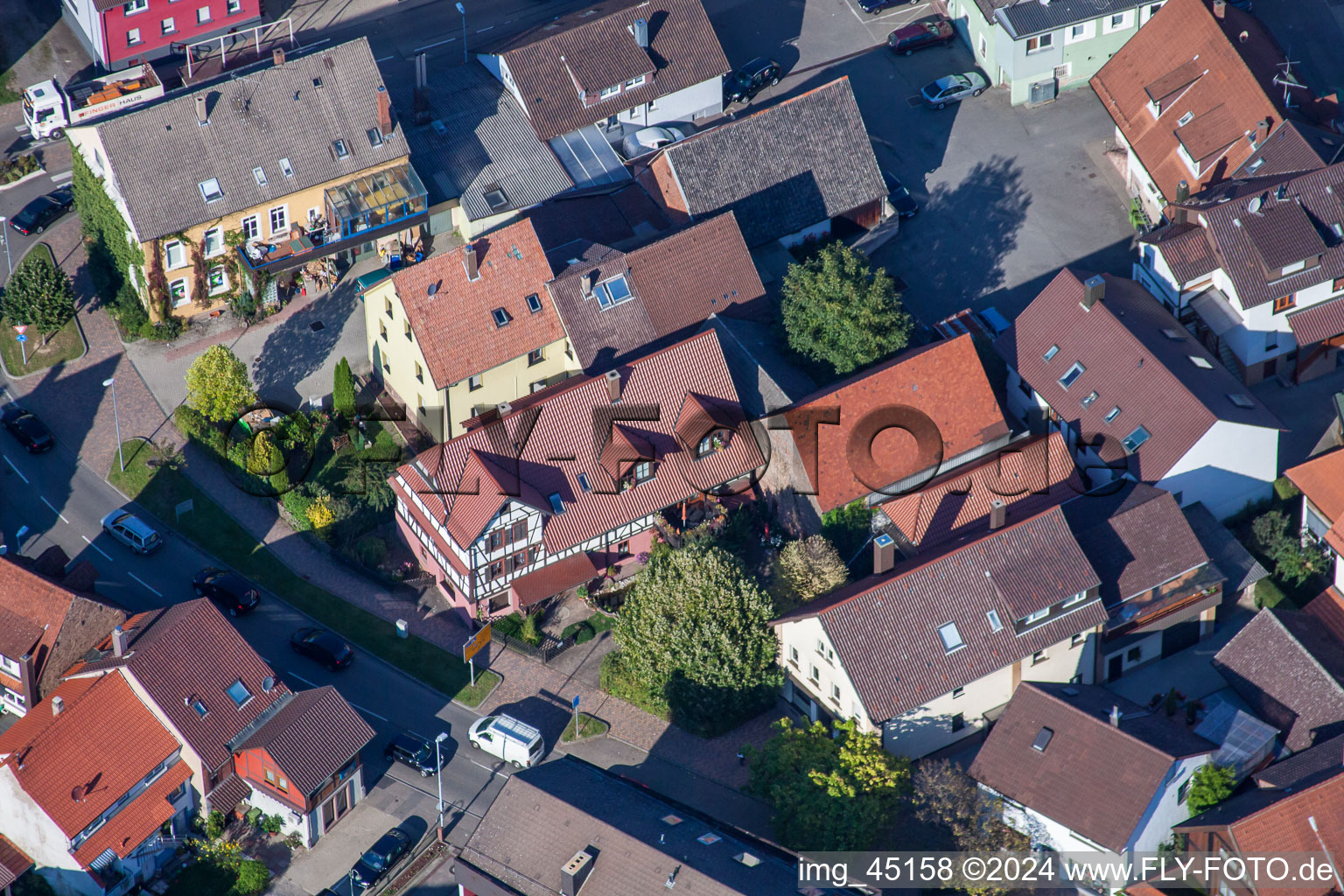 Oblique view of Hauptstr in the district Langensteinbach in Karlsbad in the state Baden-Wuerttemberg, Germany