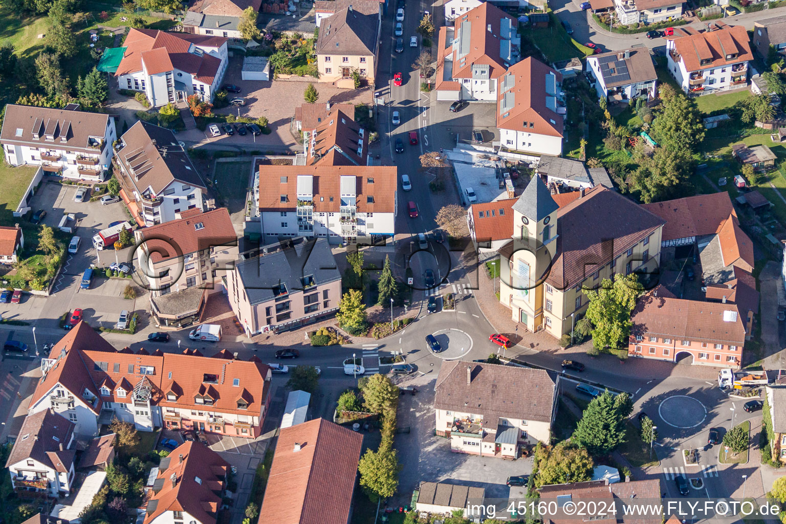 Aerial photograpy of Church building in of Weinbrennerkirche Langensteinbach Old Town- center of downtown in the district Langensteinbach in Karlsbad in the state Baden-Wurttemberg, Germany