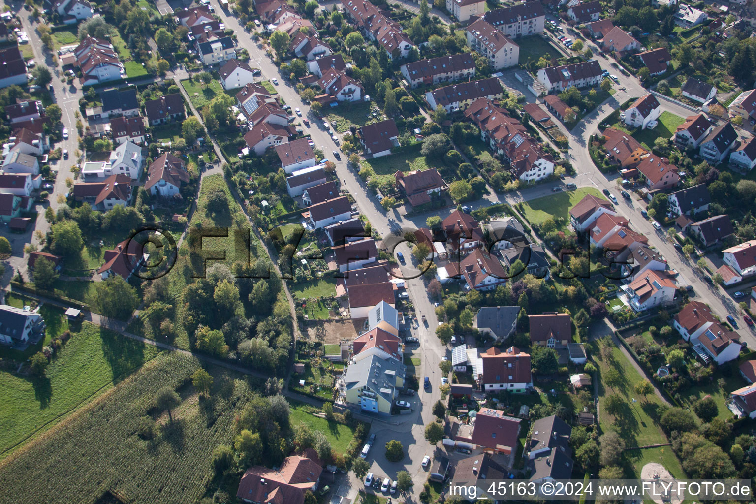 Aerial view of Mozartstr in the district Langensteinbach in Karlsbad in the state Baden-Wuerttemberg, Germany