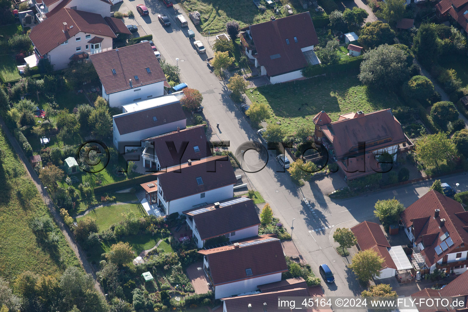 Aerial photograpy of Mozartstr in the district Langensteinbach in Karlsbad in the state Baden-Wuerttemberg, Germany