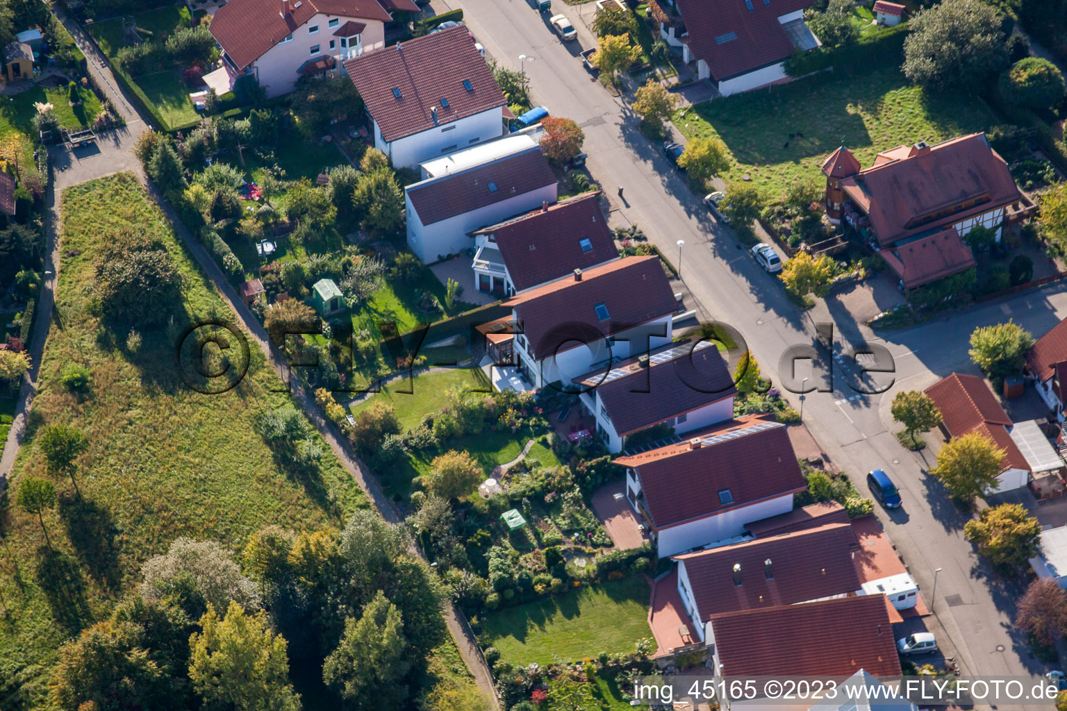 Aerial view of Mozartstr in the district Langensteinbach in Karlsbad in the state Baden-Wuerttemberg, Germany