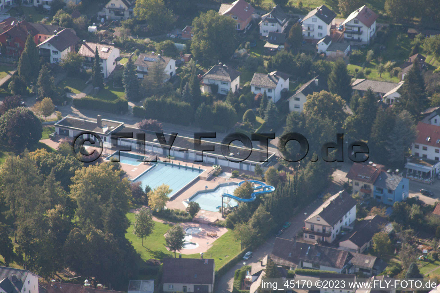 Aerial view of Outdoor pool in the district Langensteinbach in Karlsbad in the state Baden-Wuerttemberg, Germany