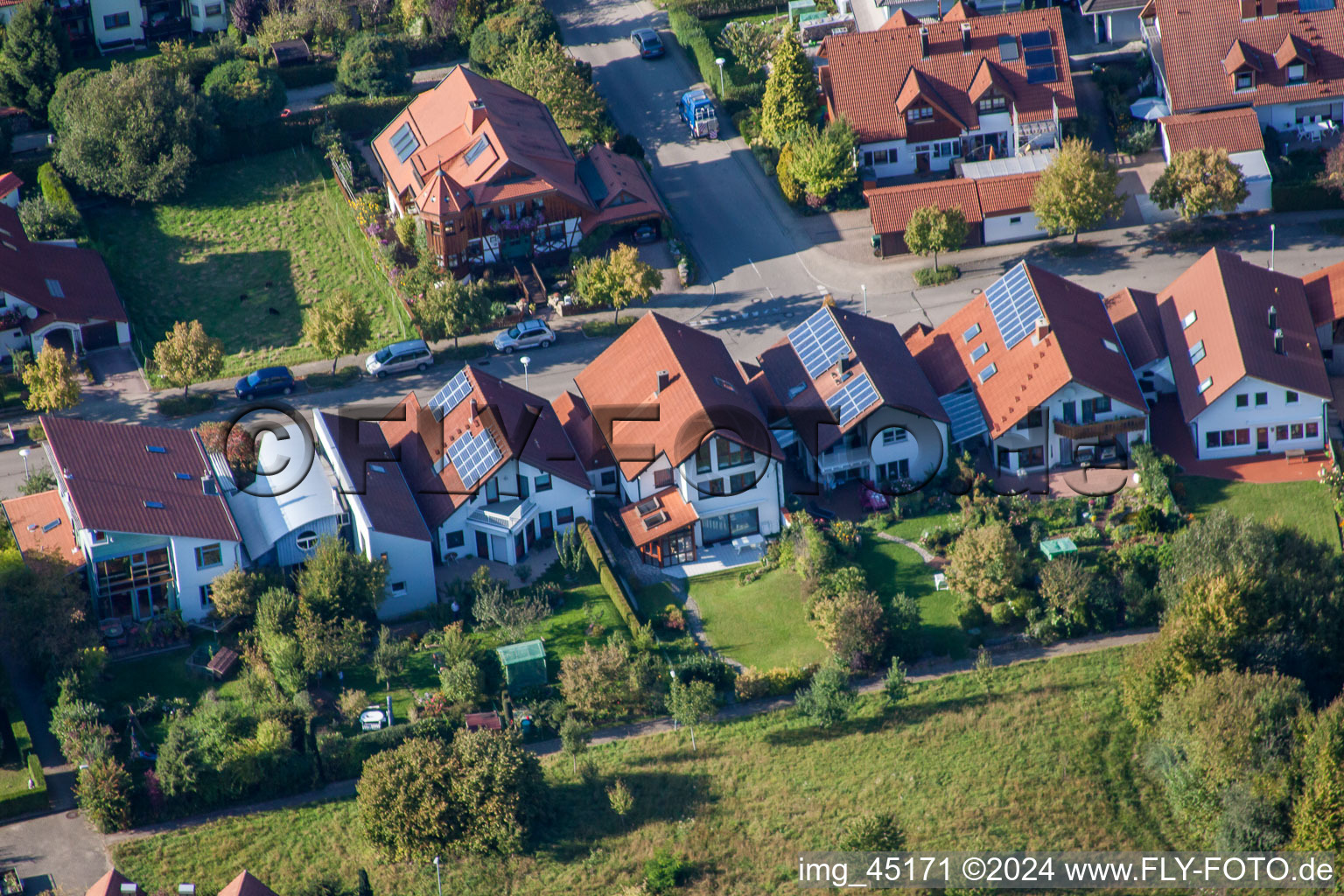 Aerial photograpy of Mozartstr in the district Langensteinbach in Karlsbad in the state Baden-Wuerttemberg, Germany