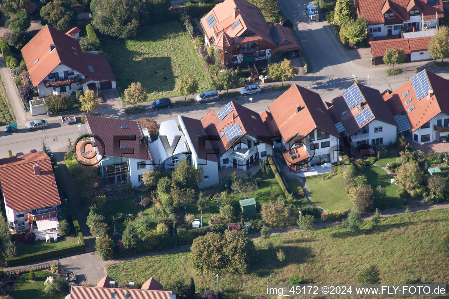 Oblique view of Mozartstr in the district Langensteinbach in Karlsbad in the state Baden-Wuerttemberg, Germany