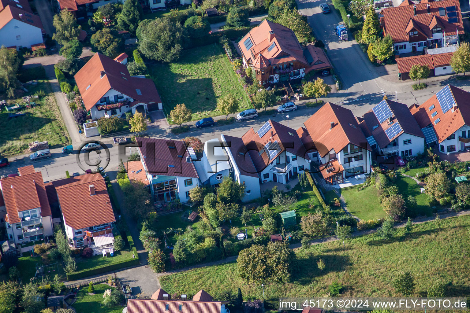 Oblique view of Mozartstr in the district Langensteinbach in Karlsbad in the state Baden-Wuerttemberg, Germany