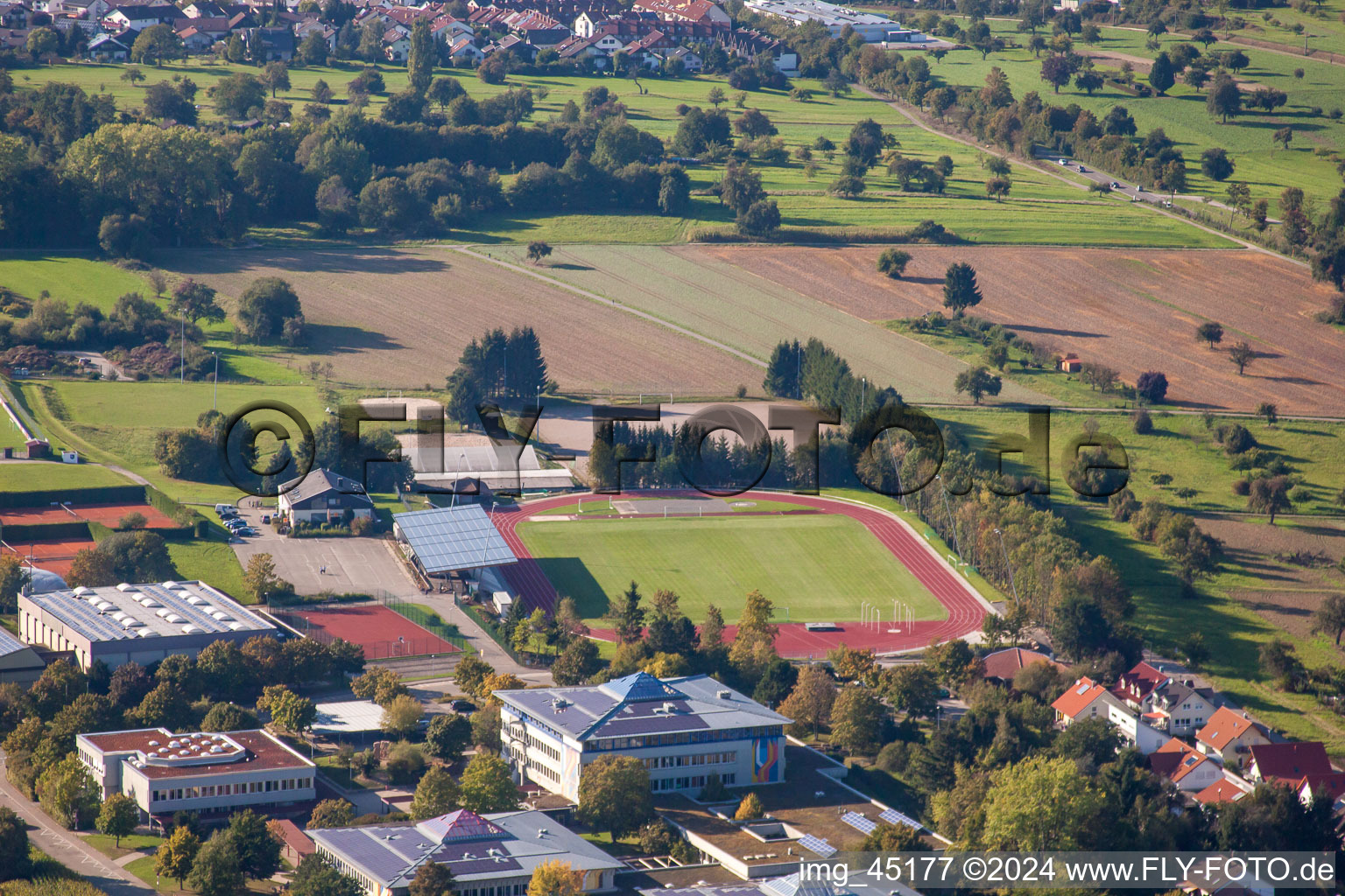 Sports grounds of SV-1899 eV Langensteinbach in the district Langensteinbach in Karlsbad in the state Baden-Wuerttemberg, Germany from the drone perspective