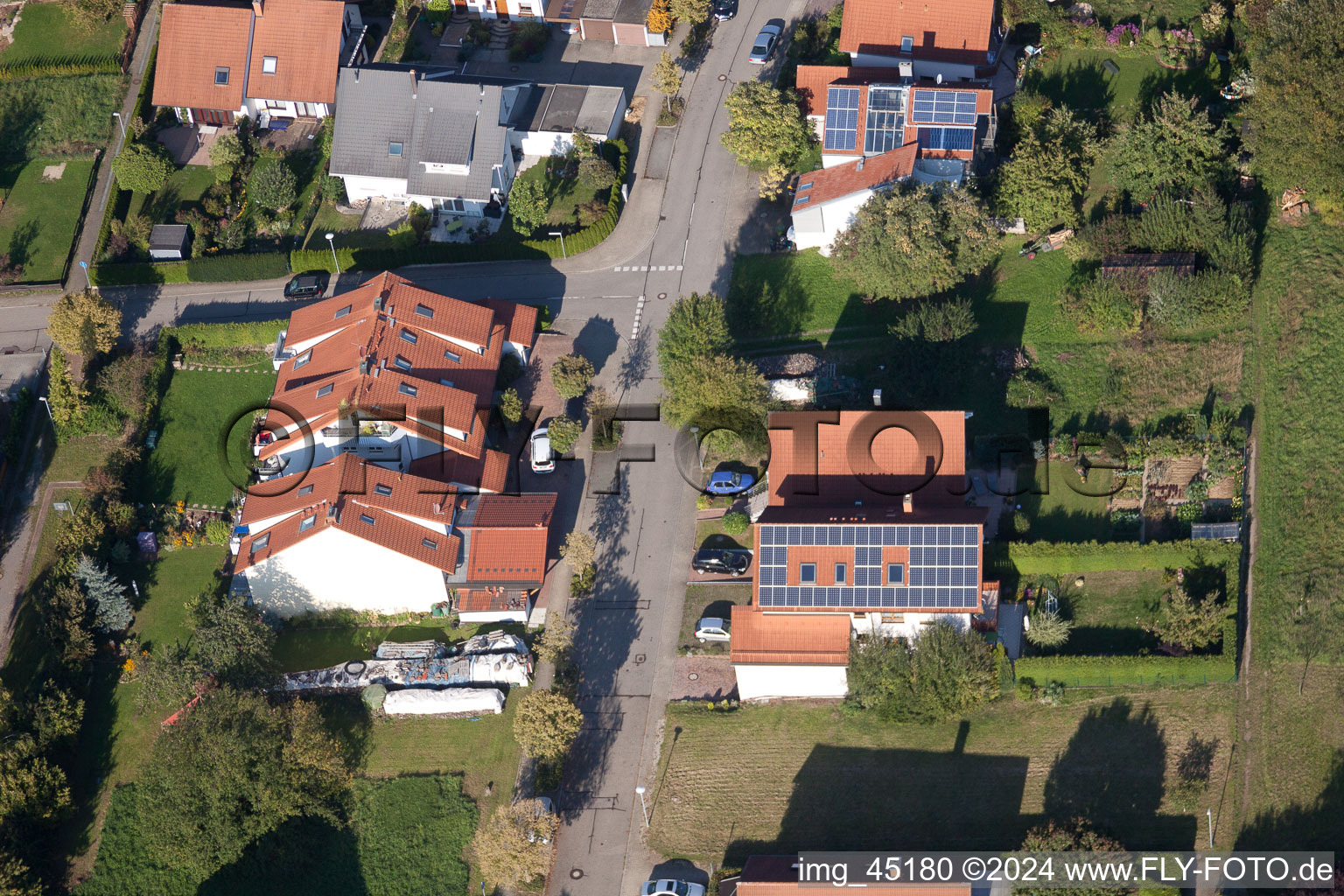 Mozartstr in the district Langensteinbach in Karlsbad in the state Baden-Wuerttemberg, Germany seen from above