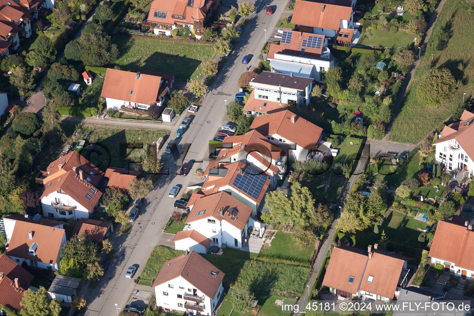 Mozartstr in the district Langensteinbach in Karlsbad in the state Baden-Wuerttemberg, Germany from the plane