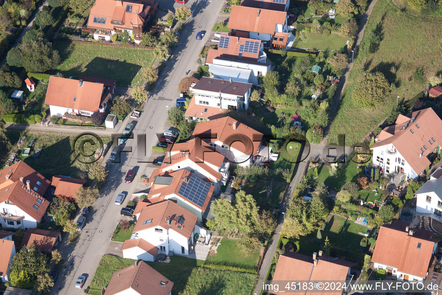 Bird's eye view of Mozartstr in the district Langensteinbach in Karlsbad in the state Baden-Wuerttemberg, Germany