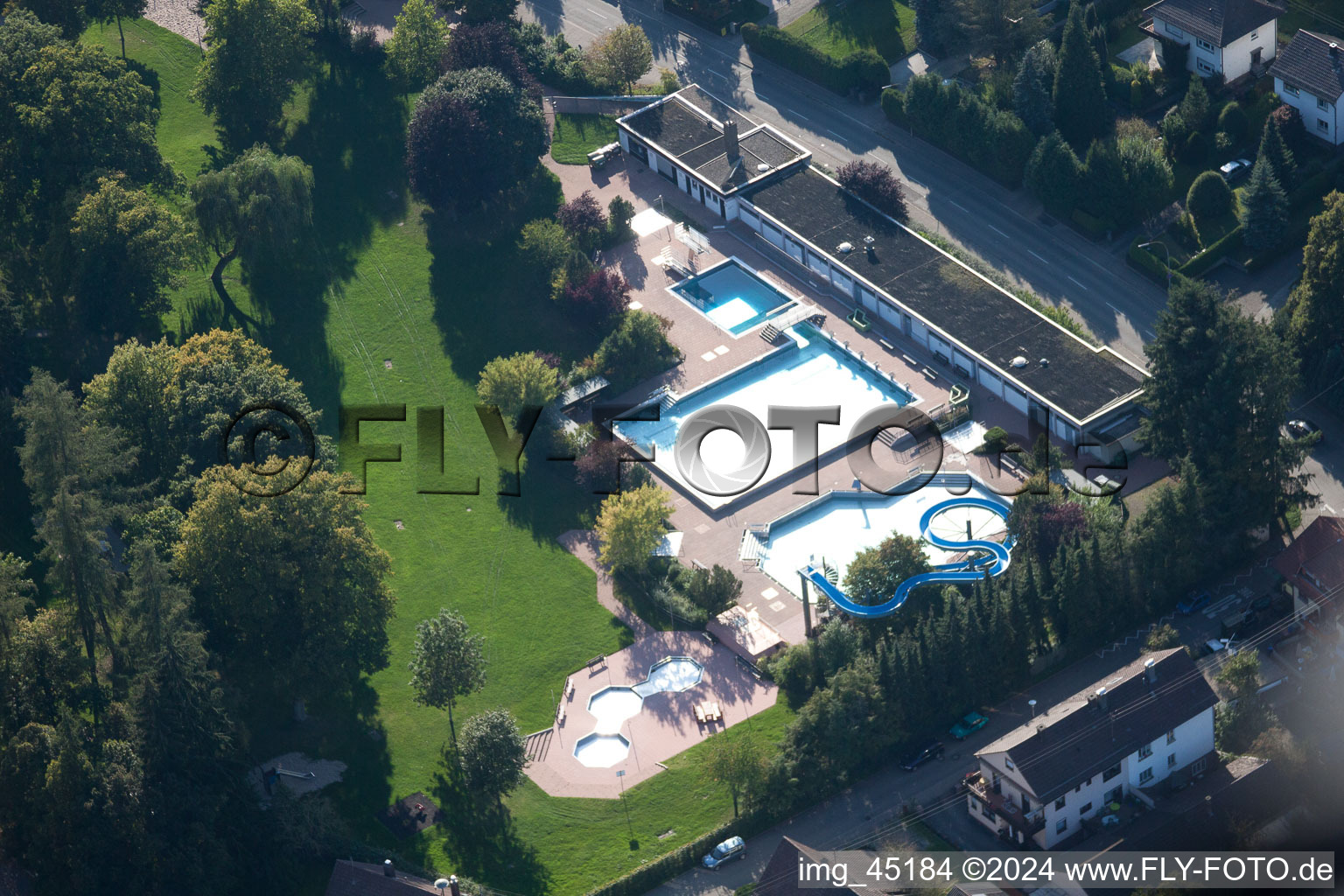 Aerial photograpy of Outdoor pool in the district Langensteinbach in Karlsbad in the state Baden-Wuerttemberg, Germany