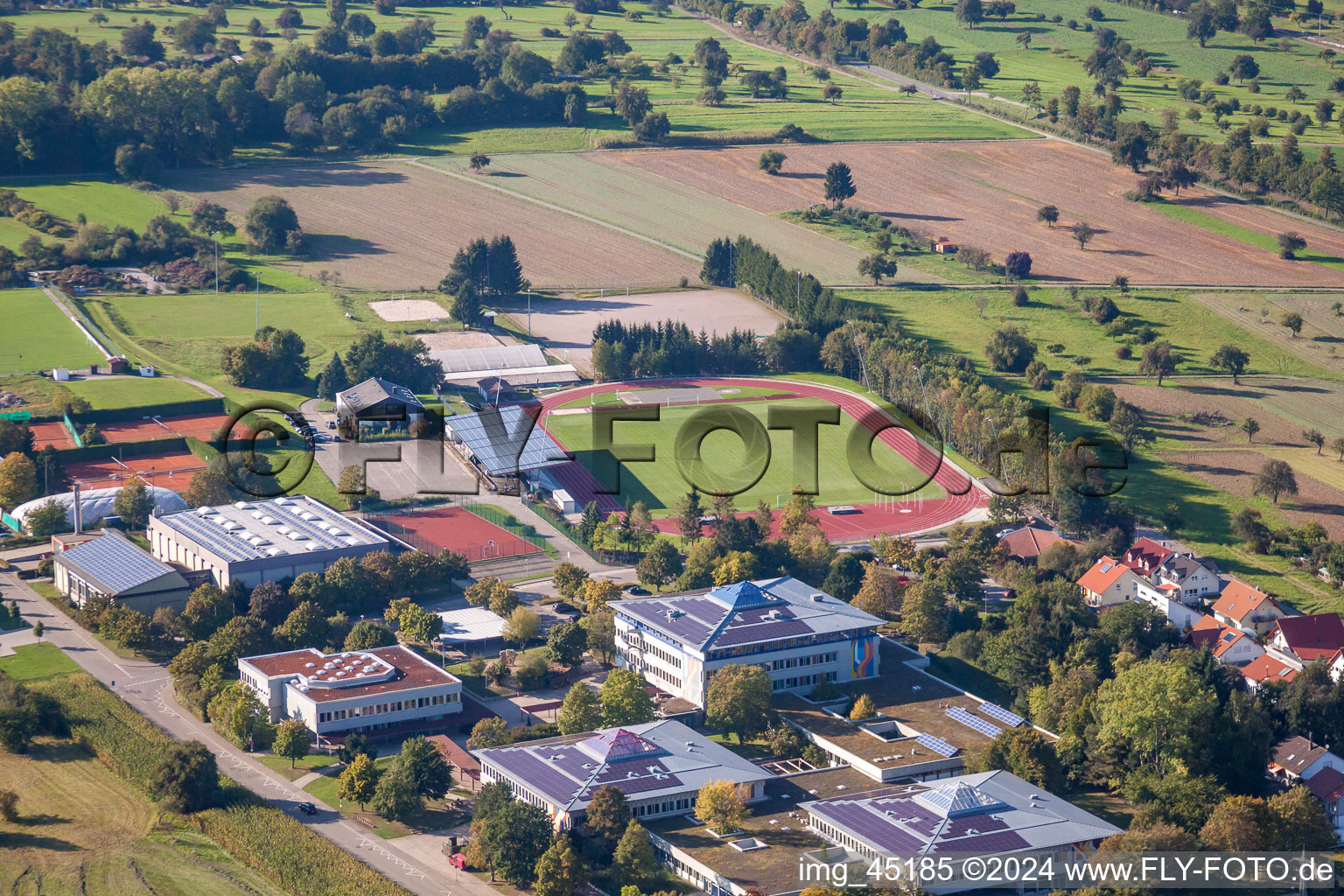 Ensemble of sports grounds of TC Langensteinbach and of Gymnasium Karlsbad in the district Langensteinbach in Karlsbad in the state Baden-Wurttemberg, Germany