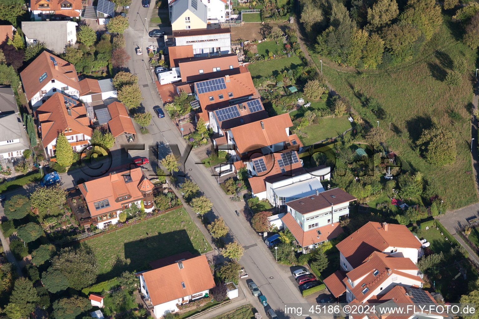 Mozartstr in the district Langensteinbach in Karlsbad in the state Baden-Wuerttemberg, Germany viewn from the air