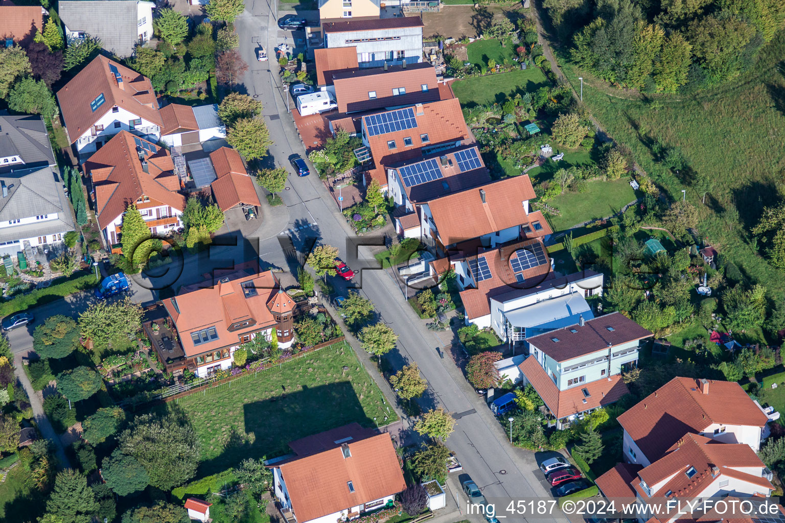 Mozartstr in the district Langensteinbach in Karlsbad in the state Baden-Wuerttemberg, Germany seen from above